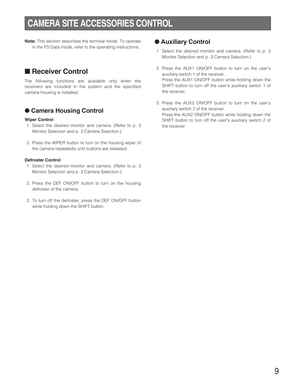 Camera site accessories control, Receiver control, Camera housing control | Auxiliary control | Panasonic WJ-SX 150A User Manual | Page 181 / 220