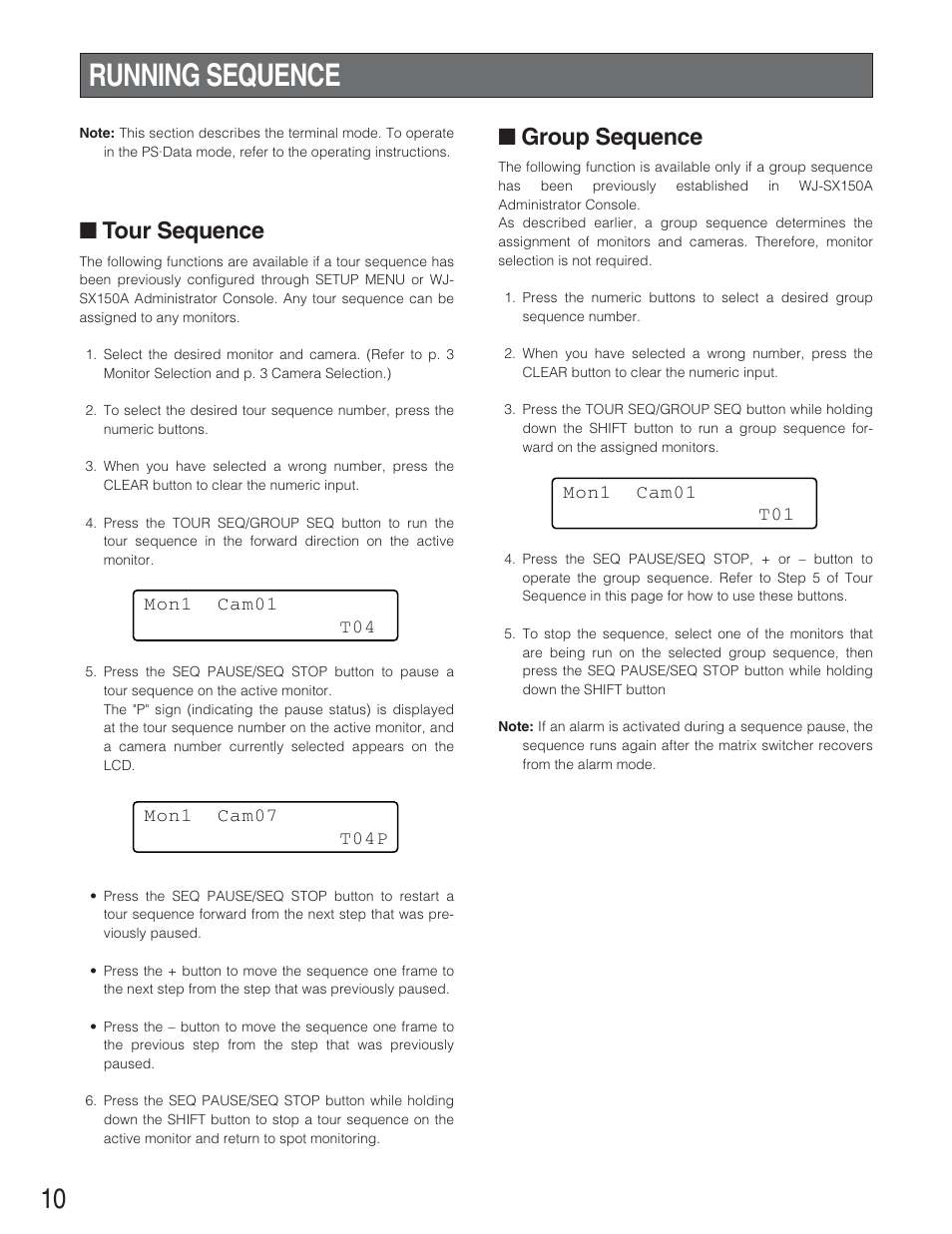 Running sequence, Tour sequence, Group sequence | Panasonic WJ-SX 150A User Manual | Page 182 / 220