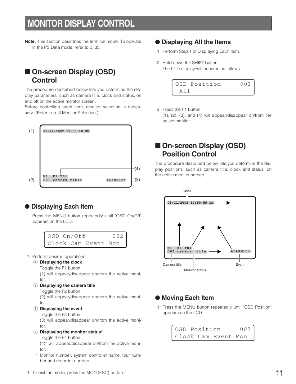 Monitor display control, On-screen display (osd) control, On-screen display (osd) position control | Displaying each item, Displaying all the items, Moving each item | Panasonic WJ-SX 150A User Manual | Page 183 / 220