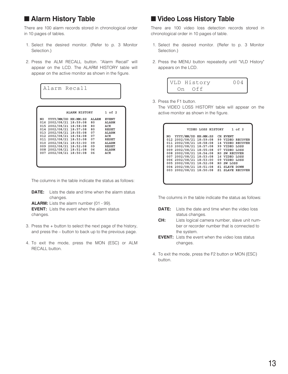 Alarm history table, Video loss history table | Panasonic WJ-SX 150A User Manual | Page 185 / 220