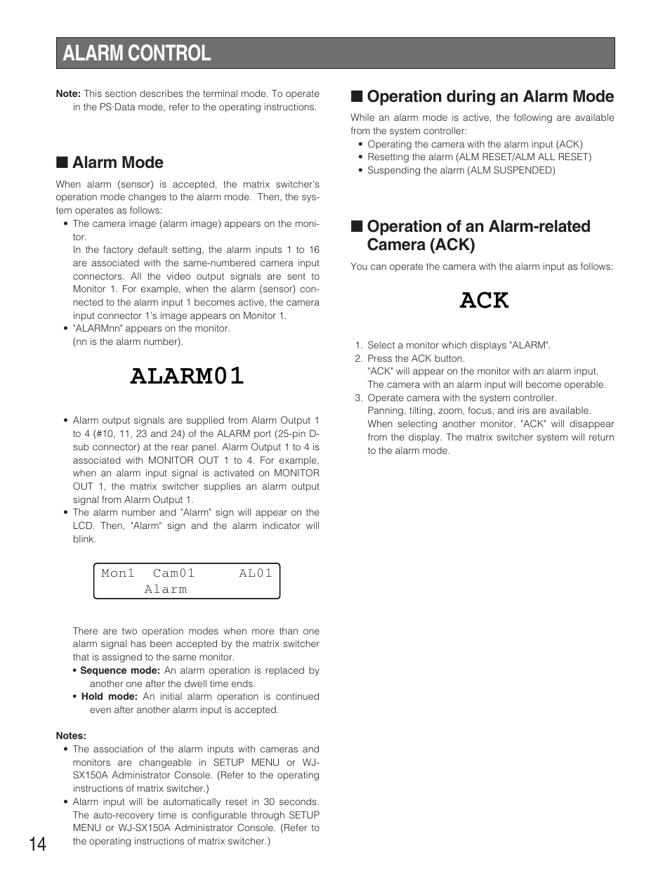 Alarm control, Alarm01 ack, Operation during an alarm mode | Operation of an alarm-related camera (ack), Alarm mode | Panasonic WJ-SX 150A User Manual | Page 186 / 220