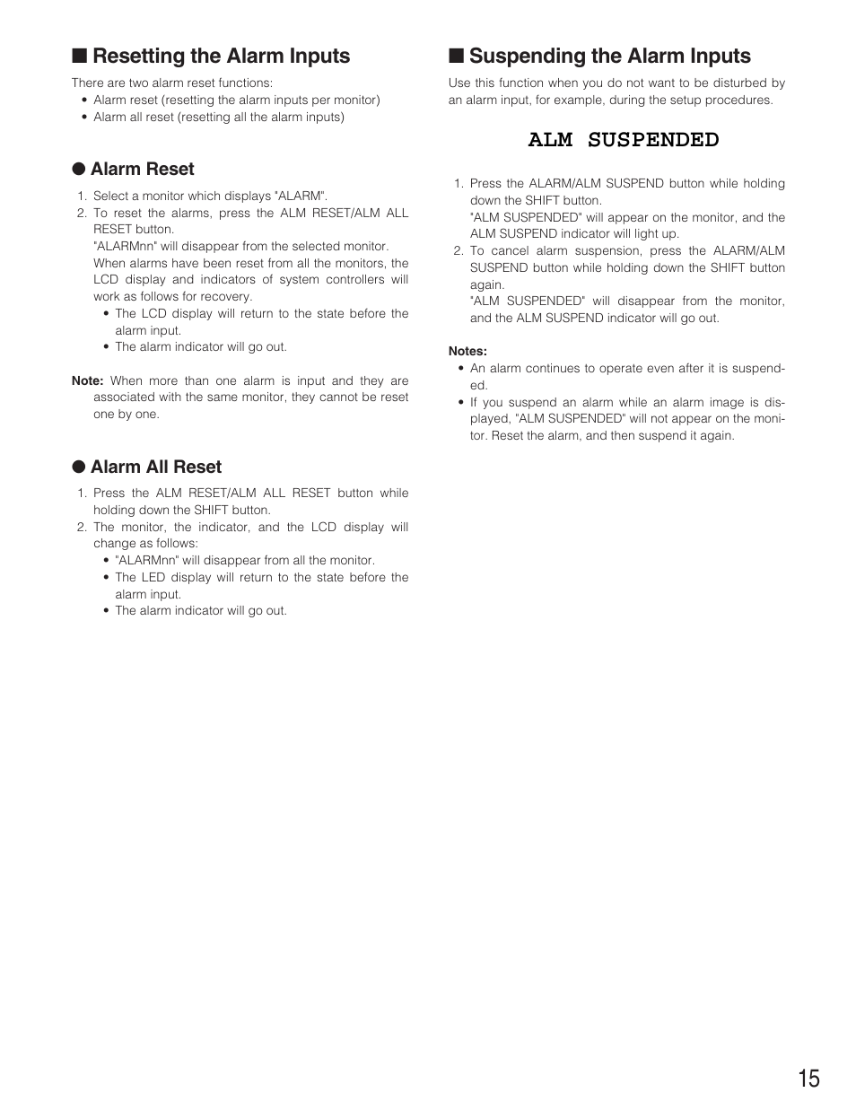 Alm suspended, Resetting the alarm inputs, Suspending the alarm inputs | Alarm reset, Alarm all reset | Panasonic WJ-SX 150A User Manual | Page 187 / 220