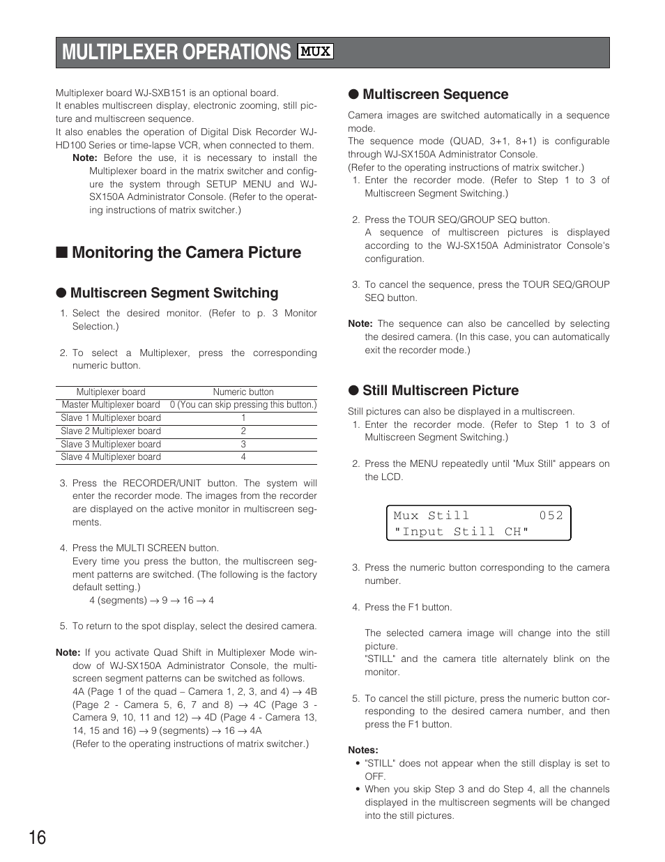 Multiplexer operations, Monitoring the camera picture, Multiscreen segment switching | Multiscreen sequence, Still multiscreen picture | Panasonic WJ-SX 150A User Manual | Page 188 / 220