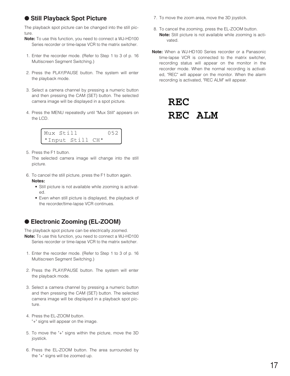 Rec rec alm, Still playback spot picture, Electronic zooming (el-zoom) | Panasonic WJ-SX 150A User Manual | Page 189 / 220