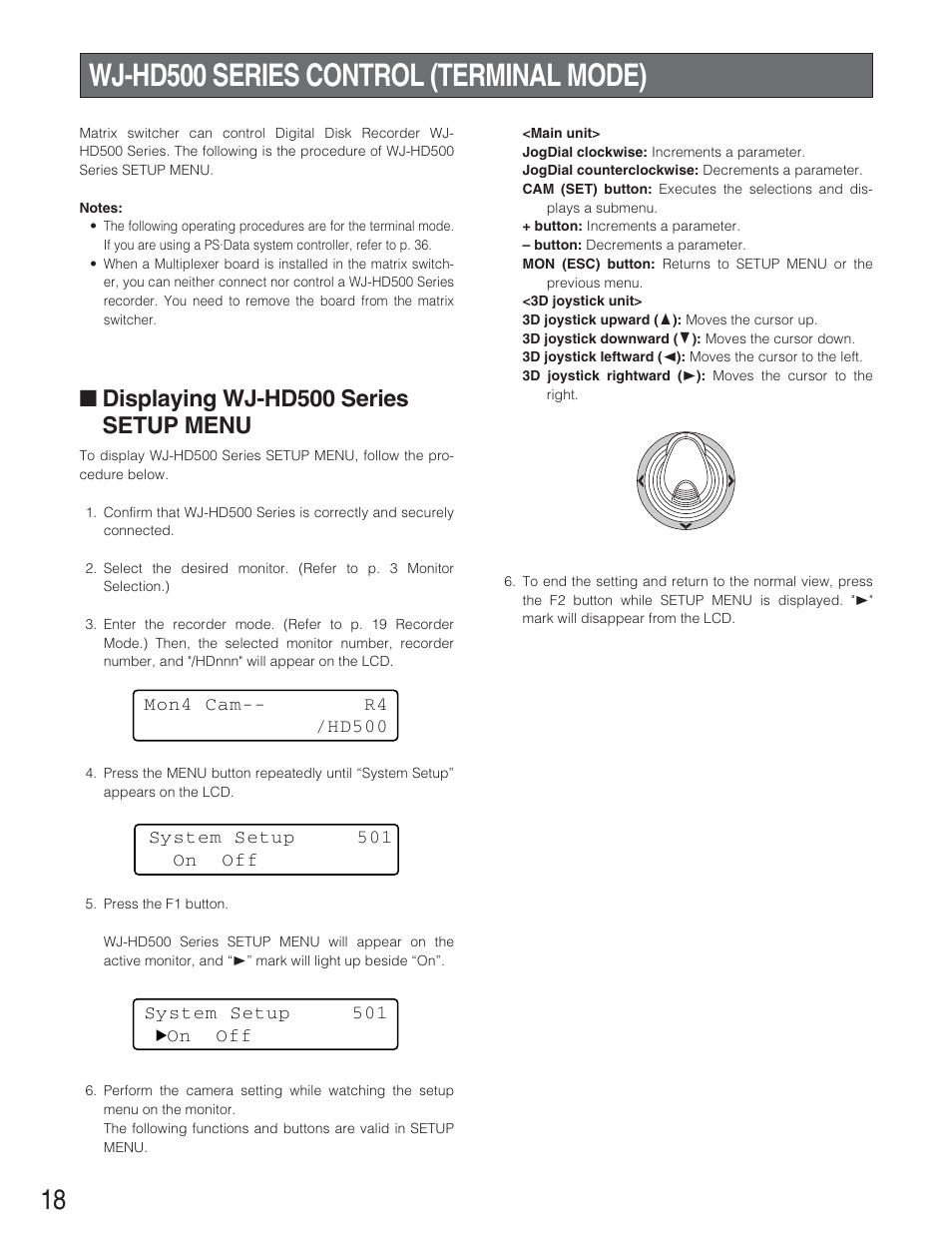 Wj-hd500 series control (terminal mode), Displaying wj-hd500 series setup menu | Panasonic WJ-SX 150A User Manual | Page 190 / 220