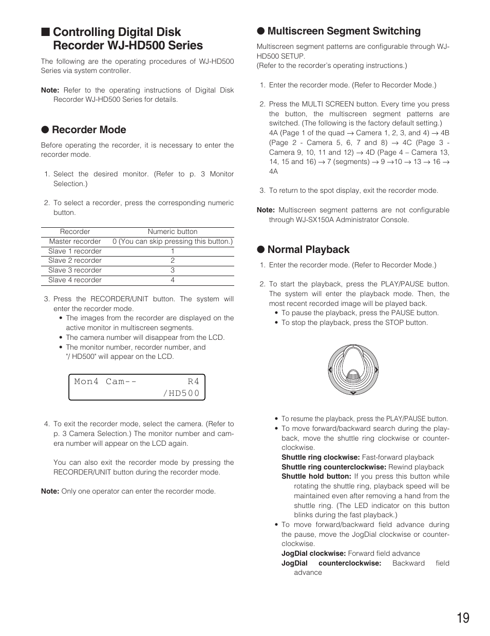 Controlling digital disk recorder wj-hd500 series, Recorder mode, Multiscreen segment switching | Normal playback | Panasonic WJ-SX 150A User Manual | Page 191 / 220