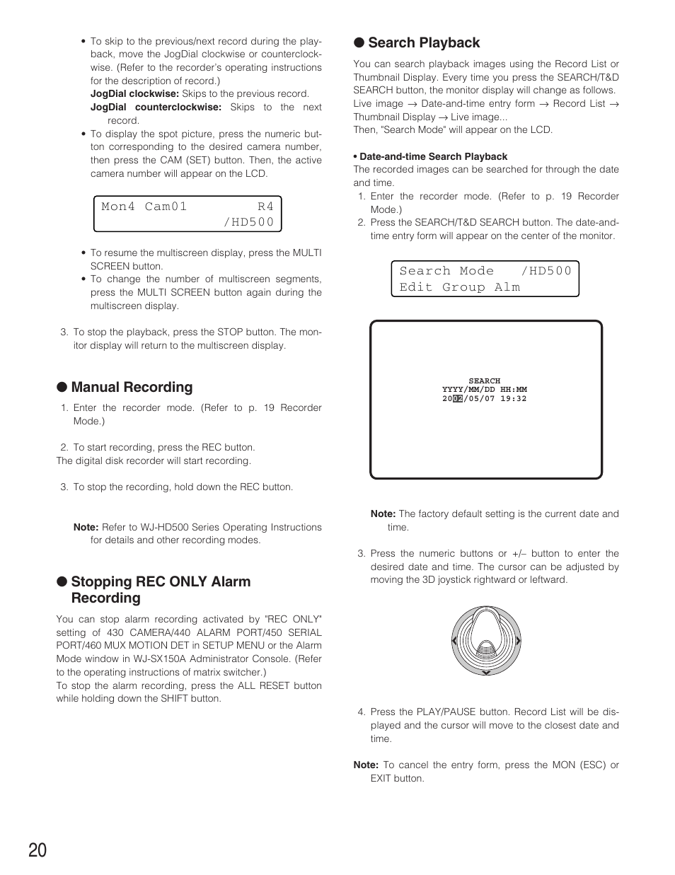 Manual recording, Stopping rec only alarm recording, Search playback | Panasonic WJ-SX 150A User Manual | Page 192 / 220