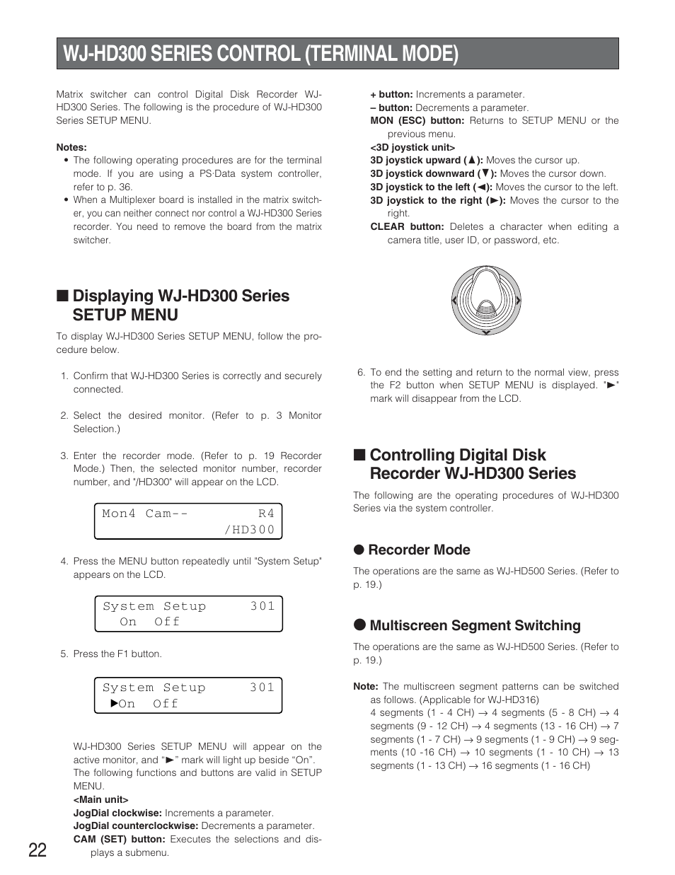 Wj-hd300 series control (terminal mode), Displaying wj-hd300 series setup menu, Controlling digital disk recorder wj-hd300 series | Recorder mode, Multiscreen segment switching | Panasonic WJ-SX 150A User Manual | Page 194 / 220