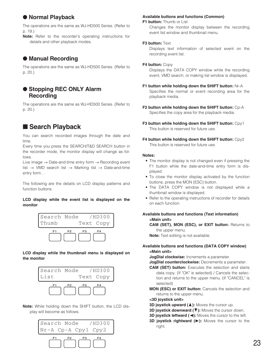 Search playback, Normal playback, Manual recording | Stopping rec only alarm recording, Search mode /hd300 thumb text copy, Search mode /hd300 list text copy | Panasonic WJ-SX 150A User Manual | Page 195 / 220