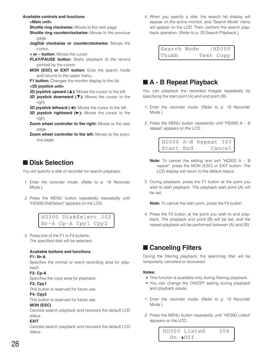 A - b repeat playback, Canceling filters, Disk selection | Panasonic WJ-SX 150A User Manual | Page 200 / 220