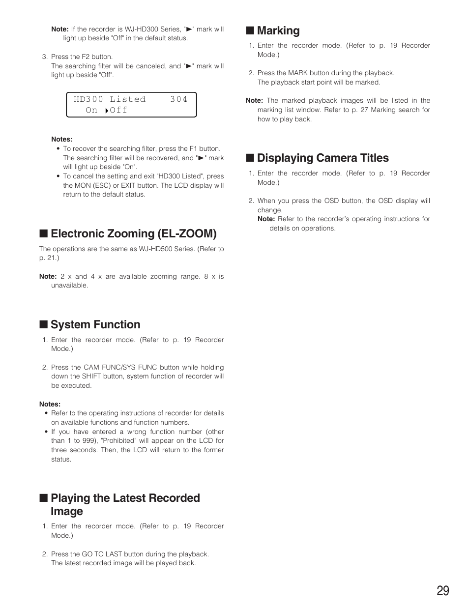 Electronic zooming (el-zoom), System function, Playing the latest recorded image | Marking, Displaying camera titles | Panasonic WJ-SX 150A User Manual | Page 201 / 220