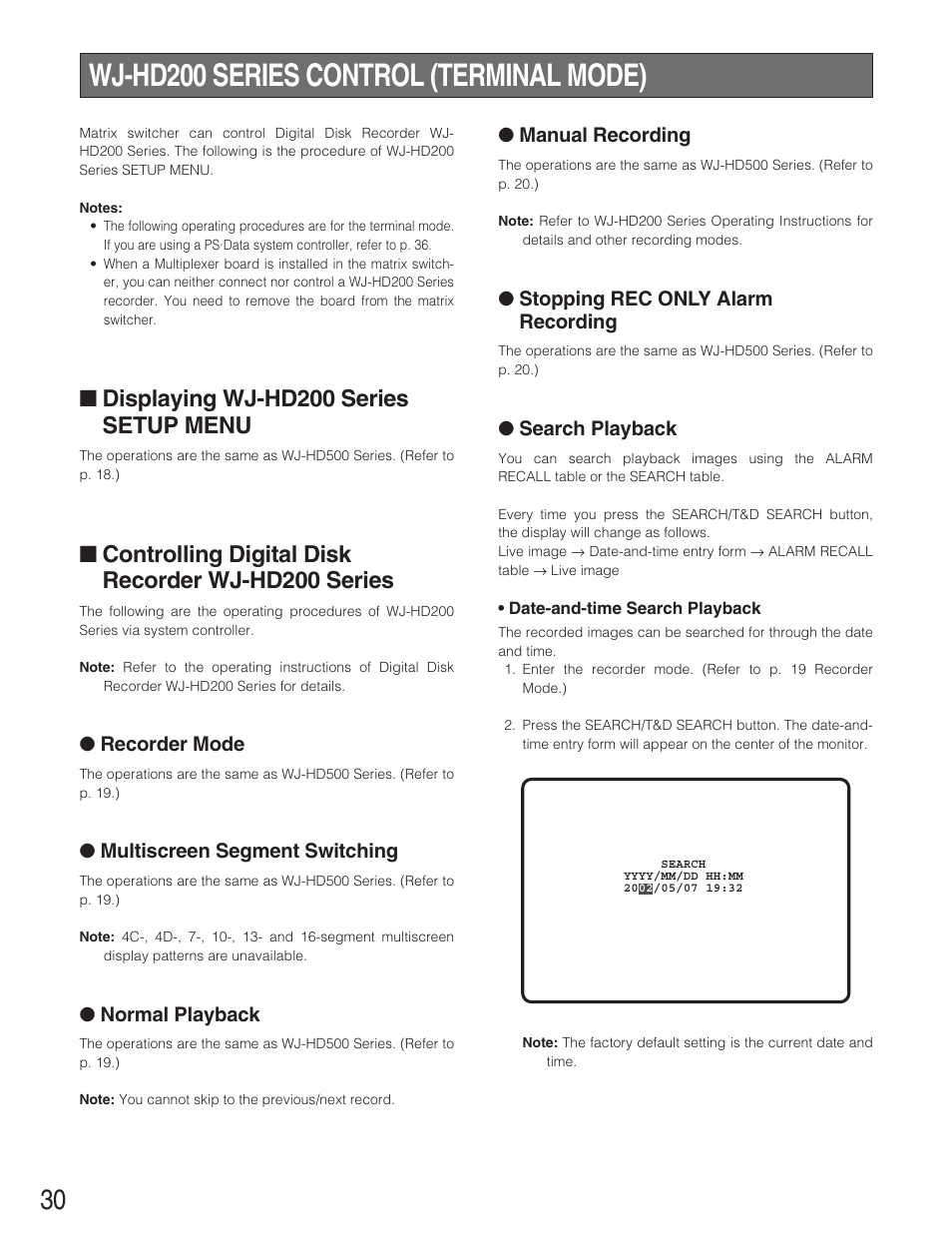 Wj-hd200 series control (terminal mode), Displaying wj-hd200 series setup menu, Controlling digital disk recorder wj-hd200 series | Recorder mode, Multiscreen segment switching, Normal playback, Manual recording, Stopping rec only alarm recording, Search playback | Panasonic WJ-SX 150A User Manual | Page 202 / 220
