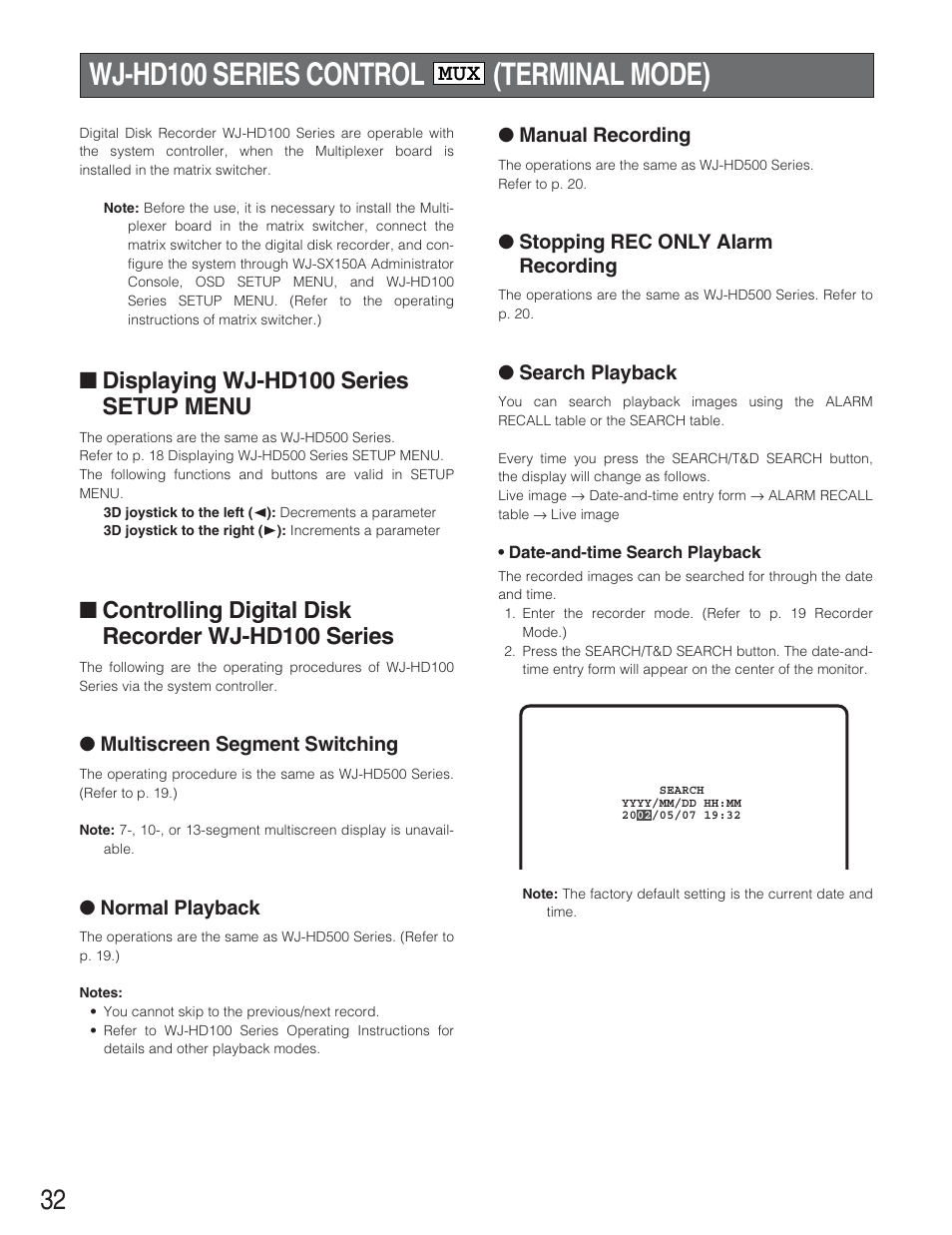 Wj-hd100 series control (terminal mode) mux, Wj-hd100 series control (terminal mode), Displaying wj-hd100 series setup menu | Controlling digital disk recorder wj-hd100 series | Panasonic WJ-SX 150A User Manual | Page 204 / 220