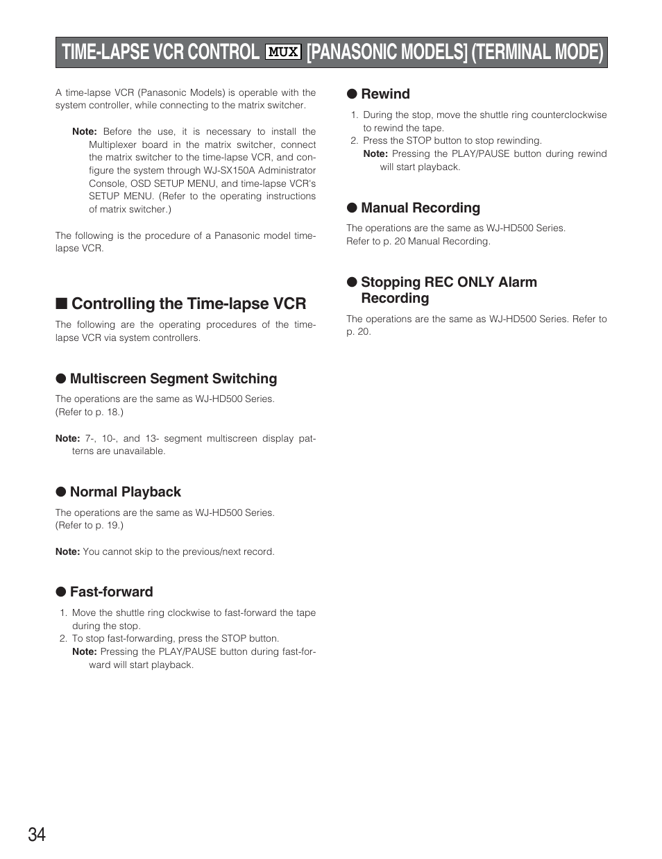 Controlling the time-lapse vcr | Panasonic WJ-SX 150A User Manual | Page 206 / 220