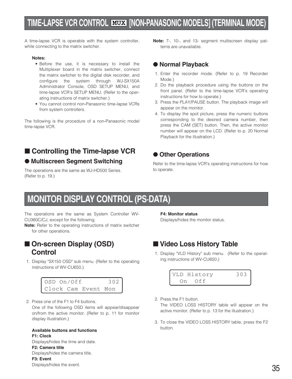 Monitor display control (ps・data), Monitor display control (ps·data), Controlling the time-lapse vcr | On-screen display (osd) control, Video loss history table | Panasonic WJ-SX 150A User Manual | Page 207 / 220