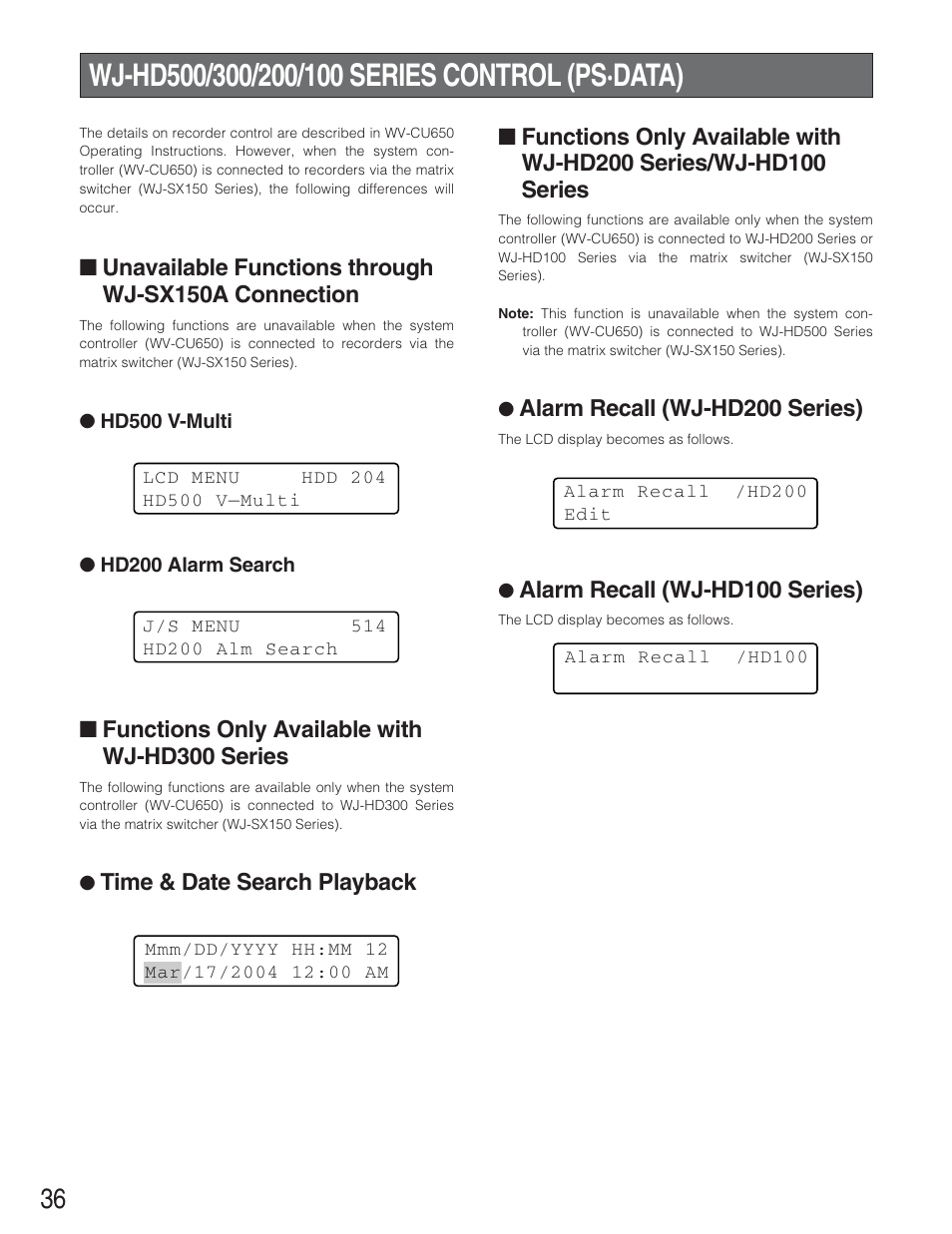 Wj-hd500/300/200/100 series control (ps・data), Unavailable functions through wj-sx150a connection, Functions only available with wj-hd300 series | Alarm recall (wj-hd200 series), Alarm recall (wj-hd100 series) | Panasonic WJ-SX 150A User Manual | Page 208 / 220