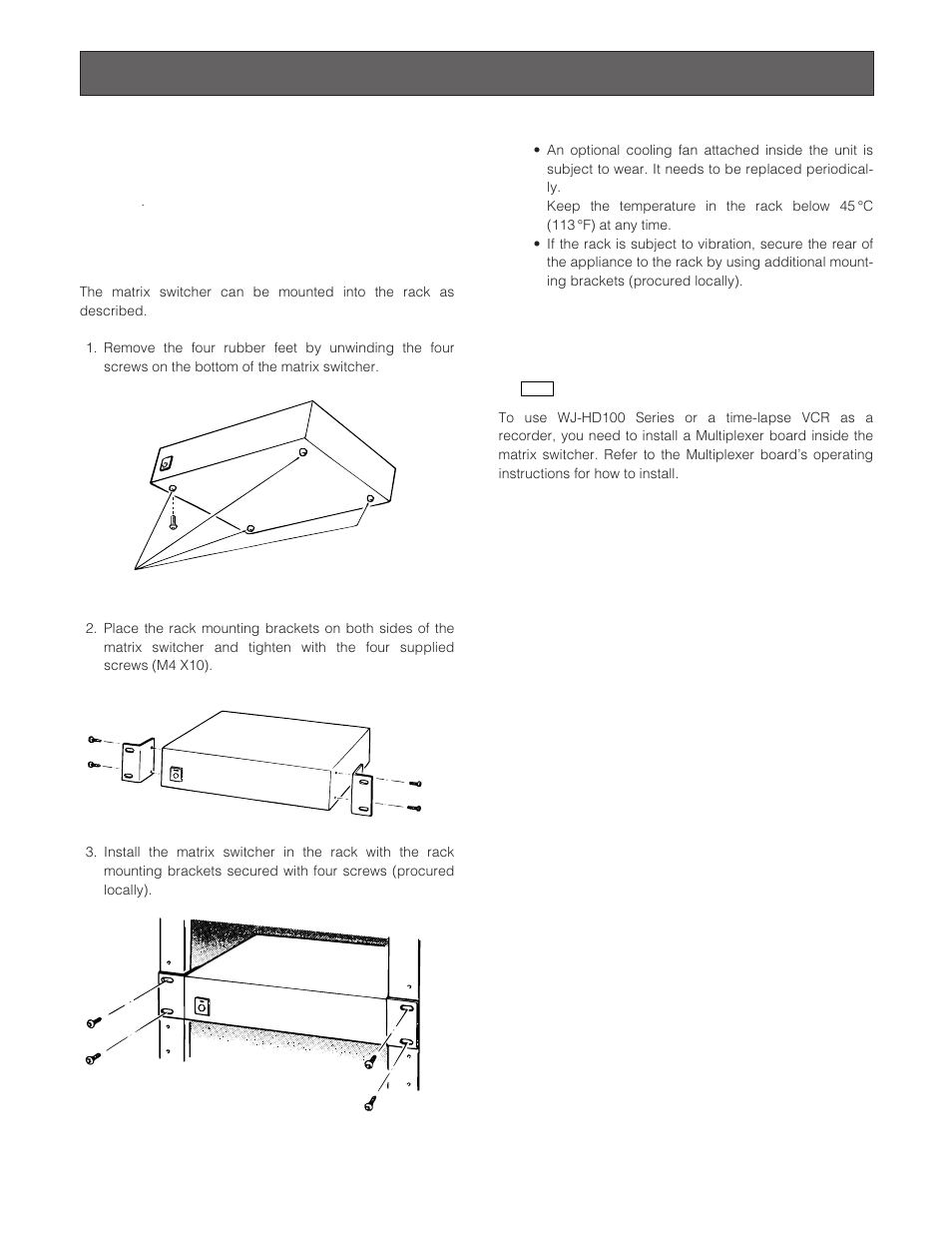 Installations, Mounting into the rack, Installing the multiplexer board mux | Installing the multiplexer board | Panasonic WJ-SX 150A User Manual | Page 30 / 220