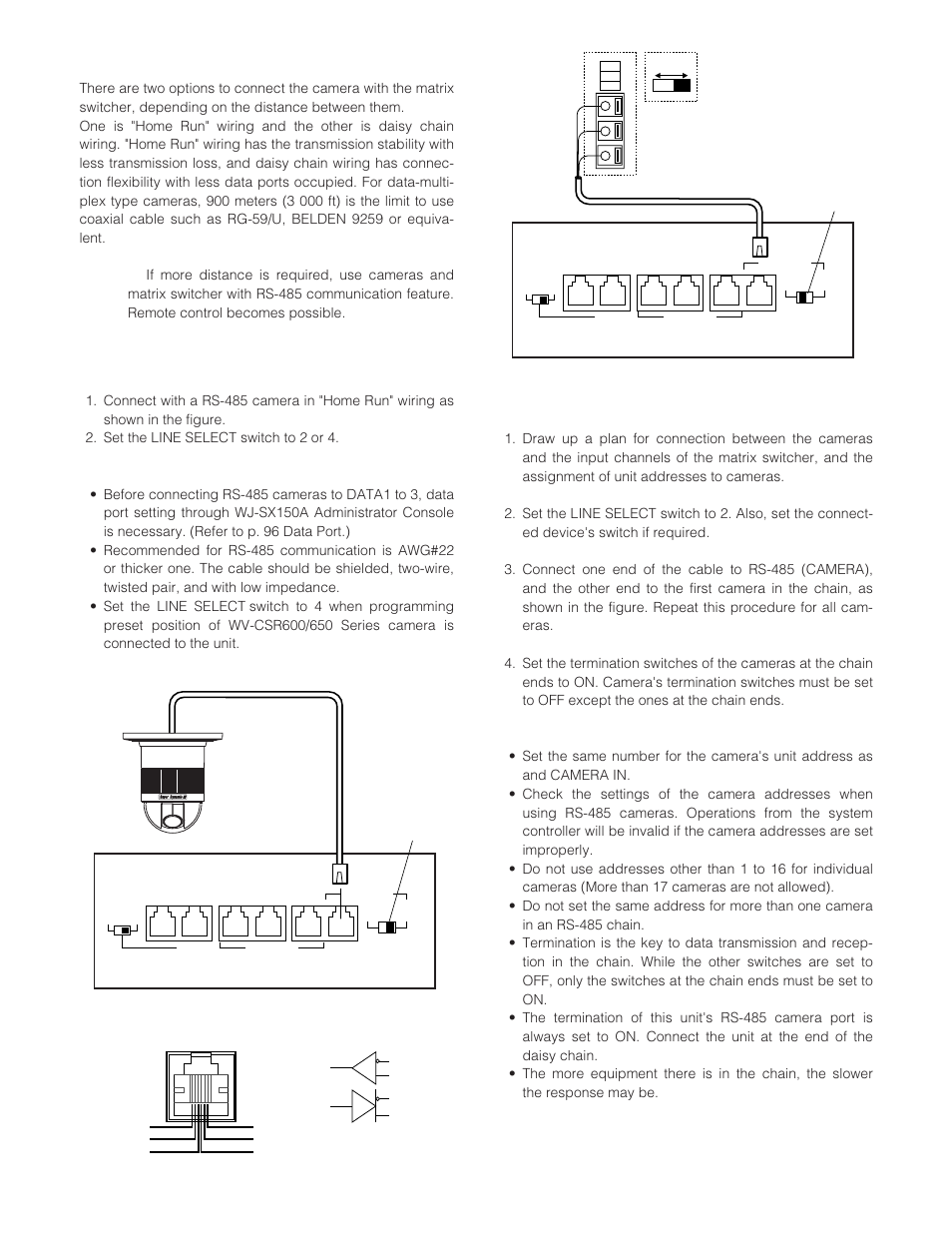 Connection for rs-485 type camera, Home run" wiring, Daisy chain wiring | Panasonic WJ-SX 150A User Manual | Page 35 / 220