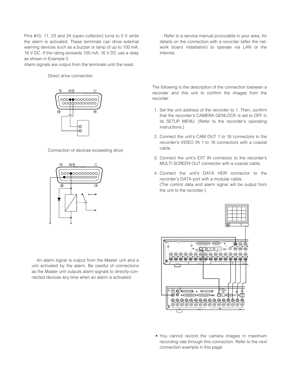 Connection with the alarm output, Buzzer, Matrix switcher monitor recorder | Ext in multi screen out data hdr monitor out | Panasonic WJ-SX 150A User Manual | Page 38 / 220