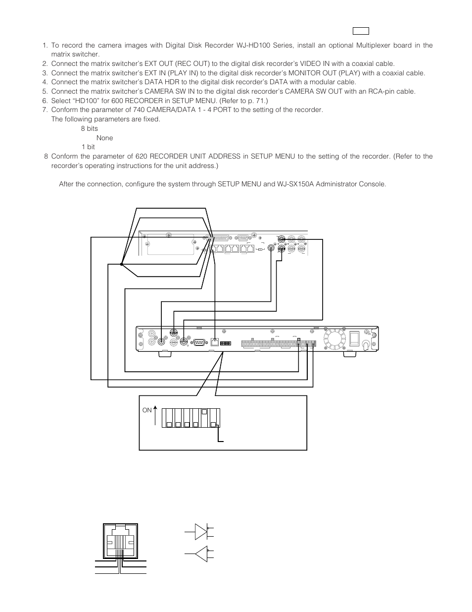 Data hdr port, Data hdr, Tb ta rb ra | Recorder, Gnd matrix switcher's rear panel | Panasonic WJ-SX 150A User Manual | Page 43 / 220