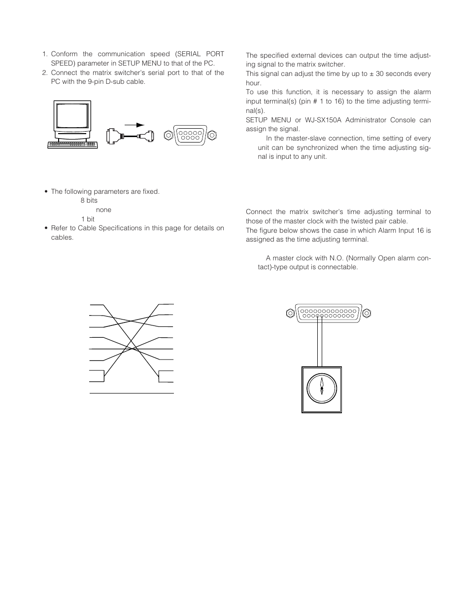 Connection with the pc, Cable specifications, Time adjustment with an external equipment | Panasonic WJ-SX 150A User Manual | Page 46 / 220