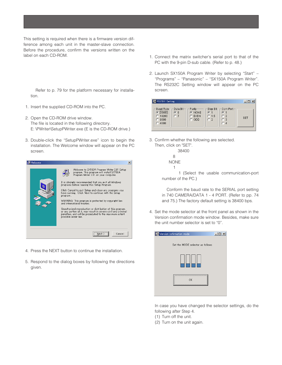 Firmware update, Installation of sx150a program writer, Firmware update of sx150a program writer | Panasonic WJ-SX 150A User Manual | Page 55 / 220