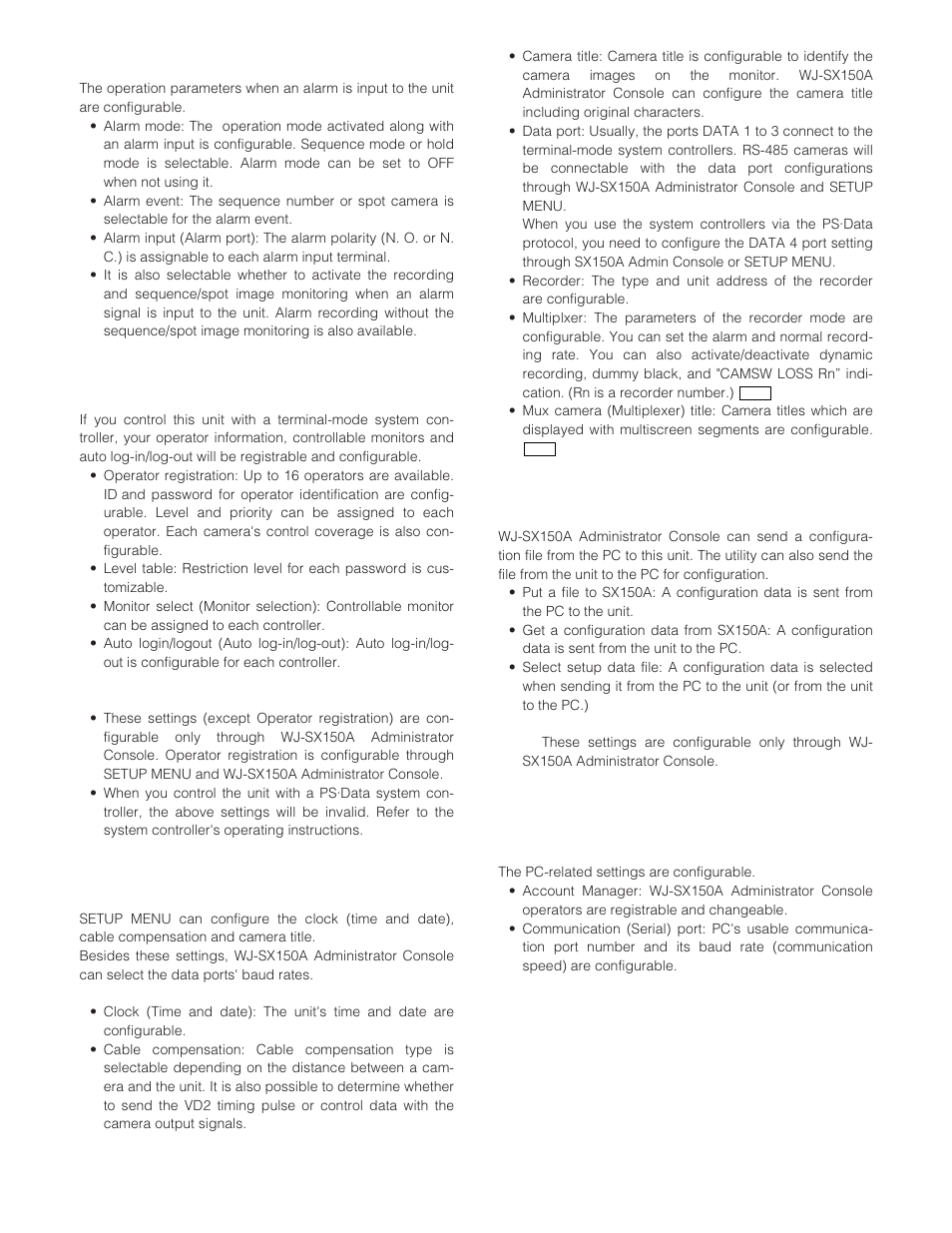 Alarm settings, Operator settings, System settings | Setup file operation, Wj-sx150a administrator console configuration | Panasonic WJ-SX 150A User Manual | Page 59 / 220