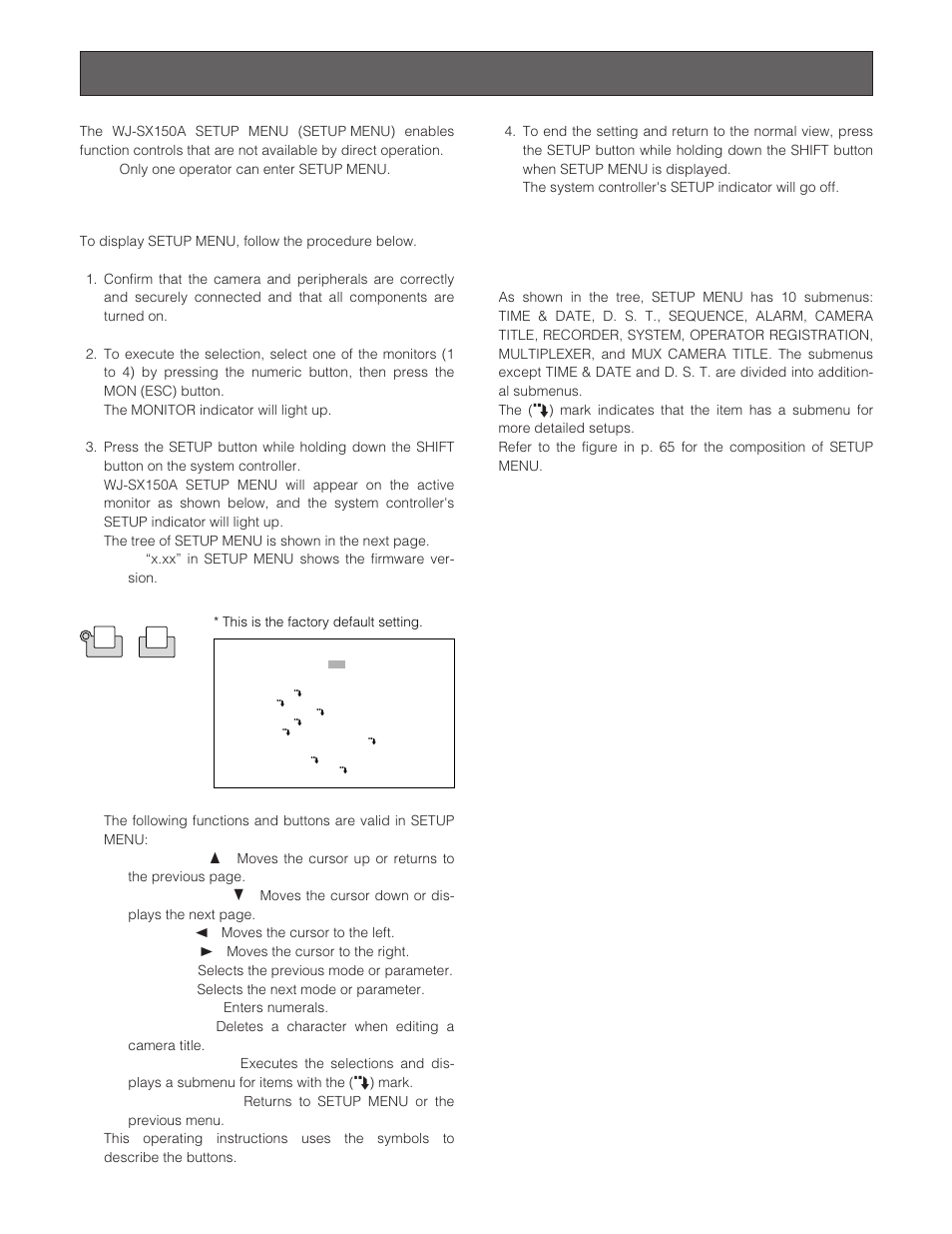 Wj-sx150a setup menu (osd), Displaying setup menu, Programming setup menu | Panasonic WJ-SX 150A User Manual | Page 60 / 220