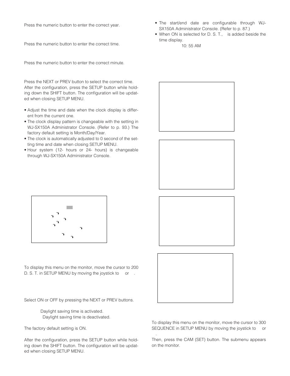 D. s. t. (daylight saving time), How to display, Parameters | Sequence setup, Year, Time, Minute, Am/pm | Panasonic WJ-SX 150A User Manual | Page 63 / 220