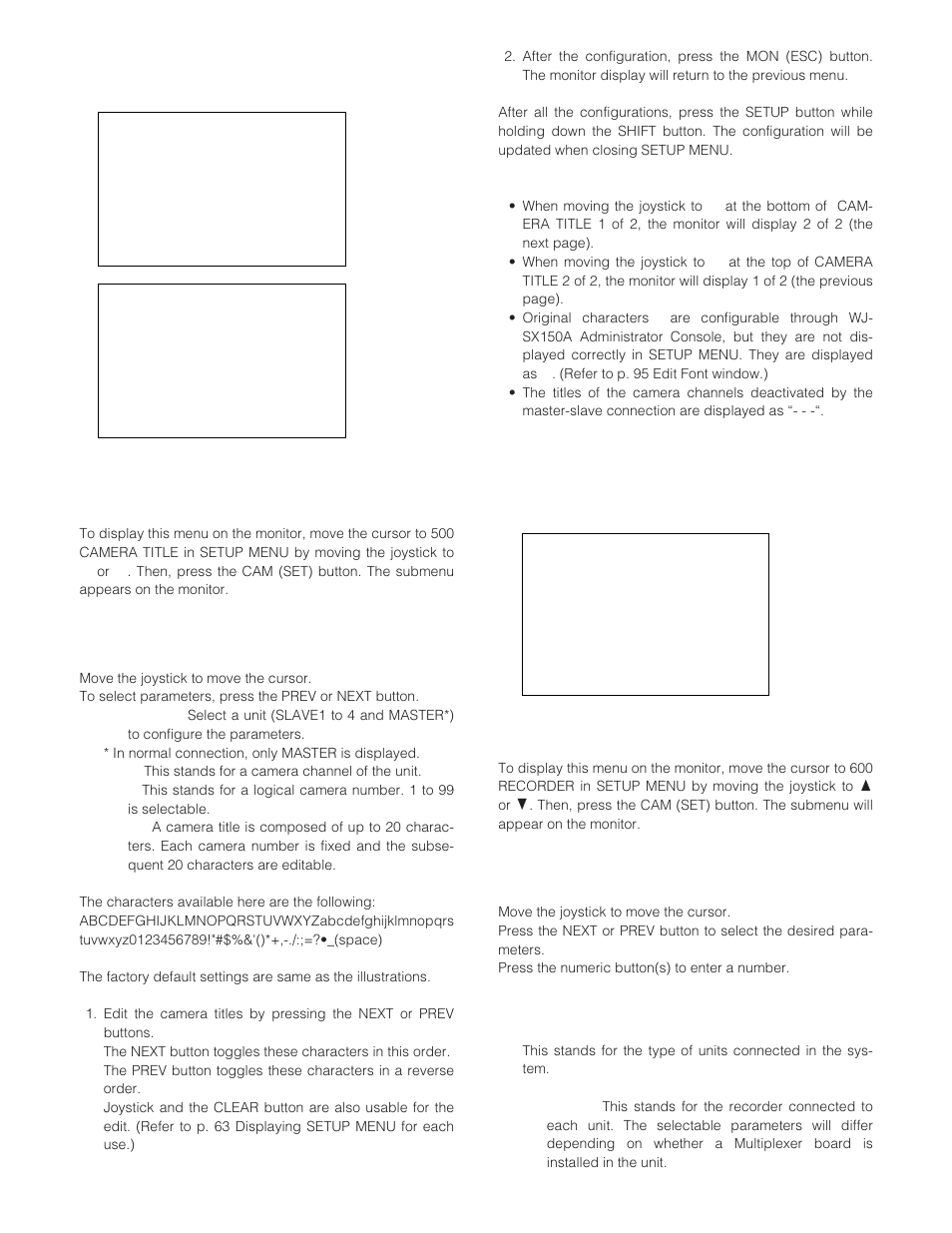 Camera title, How to display, How to edit | Recorder, Parameters, Recorder ■ camera title | Panasonic WJ-SX 150A User Manual | Page 68 / 220