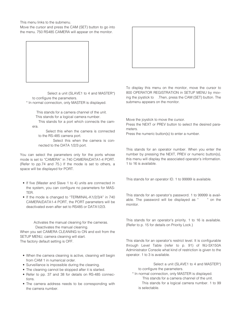 Operator registration, How to display, Parameters | Rs485 camera | Panasonic WJ-SX 150A User Manual | Page 73 / 220