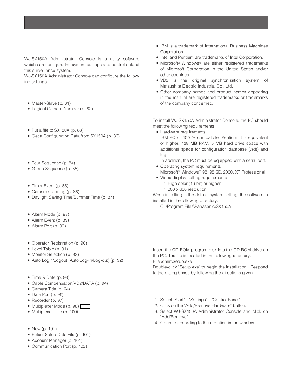 Wj-sx150a administrator console, Description of wj-sx150a administrator console, Master-slave | Management, Setup, Installation/uninstallation, Installation, Uninstallation | Panasonic WJ-SX 150A User Manual | Page 76 / 220