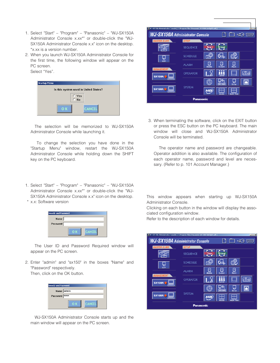 Before using wj-sx150a administrator console, Startup/termination, The main window | Panasonic WJ-SX 150A User Manual | Page 77 / 220