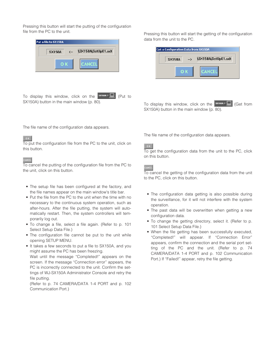 Put a file to sx150a, How to display, Parameters | Get a configuration data from sx150a | Panasonic WJ-SX 150A User Manual | Page 80 / 220