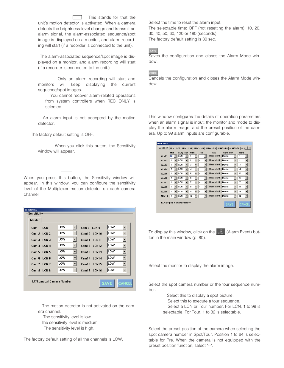 Sensitivity mux, Alarm event, How to display | Parameters, Sensitivity | Panasonic WJ-SX 150A User Manual | Page 86 / 220