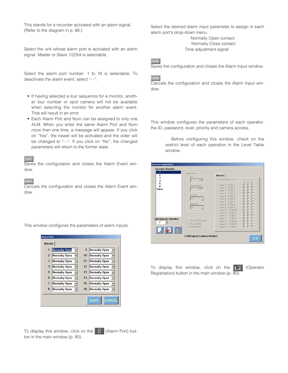 Alarm port, How to display, Parameters | Operator registration | Panasonic WJ-SX 150A User Manual | Page 87 / 220