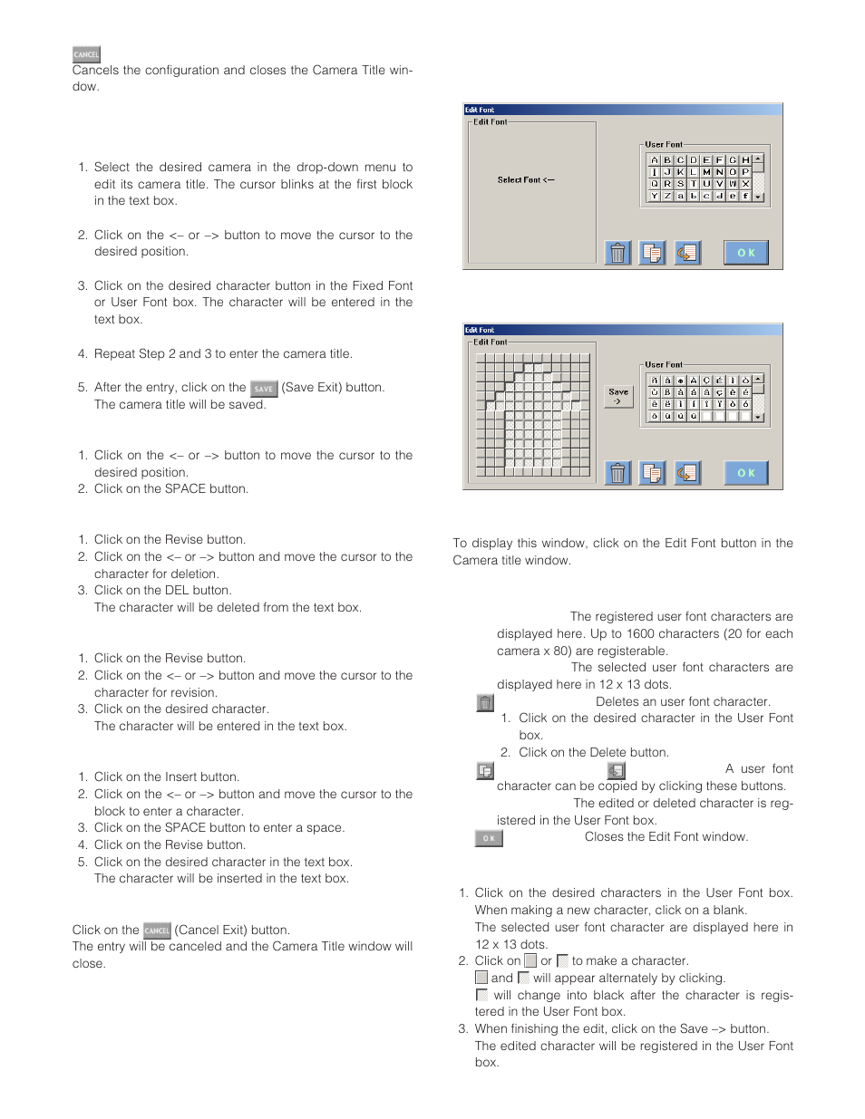 Edit camera title, Edit font window | Panasonic WJ-SX 150A User Manual | Page 92 / 220