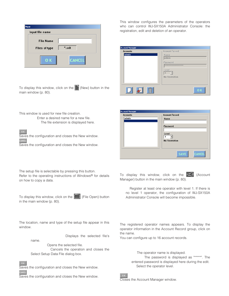 How to display, Parameters, Select setup data file | Account manager | Panasonic WJ-SX 150A User Manual | Page 98 / 220