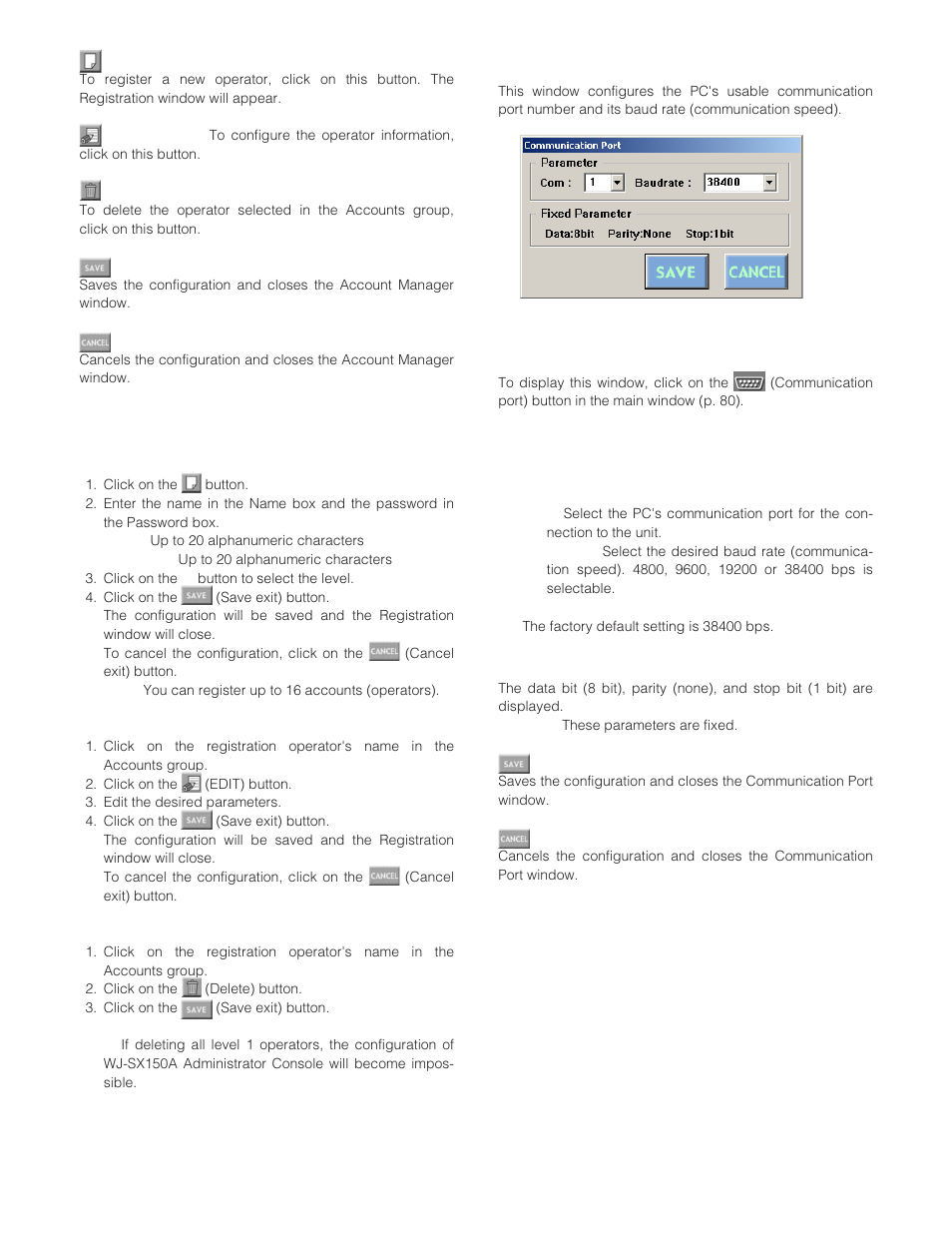 Edit account manager, Communication port, How to display | Parameters | Panasonic WJ-SX 150A User Manual | Page 99 / 220