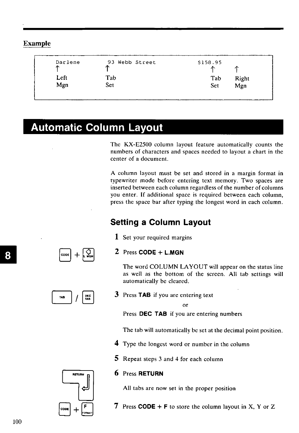 Example, Automatic column layout, Setting a column layout | 2 press code + l.mgn, 6 press return, Setting a column layout 1 | Panasonic KX-E2500 User Manual | Page 110 / 252