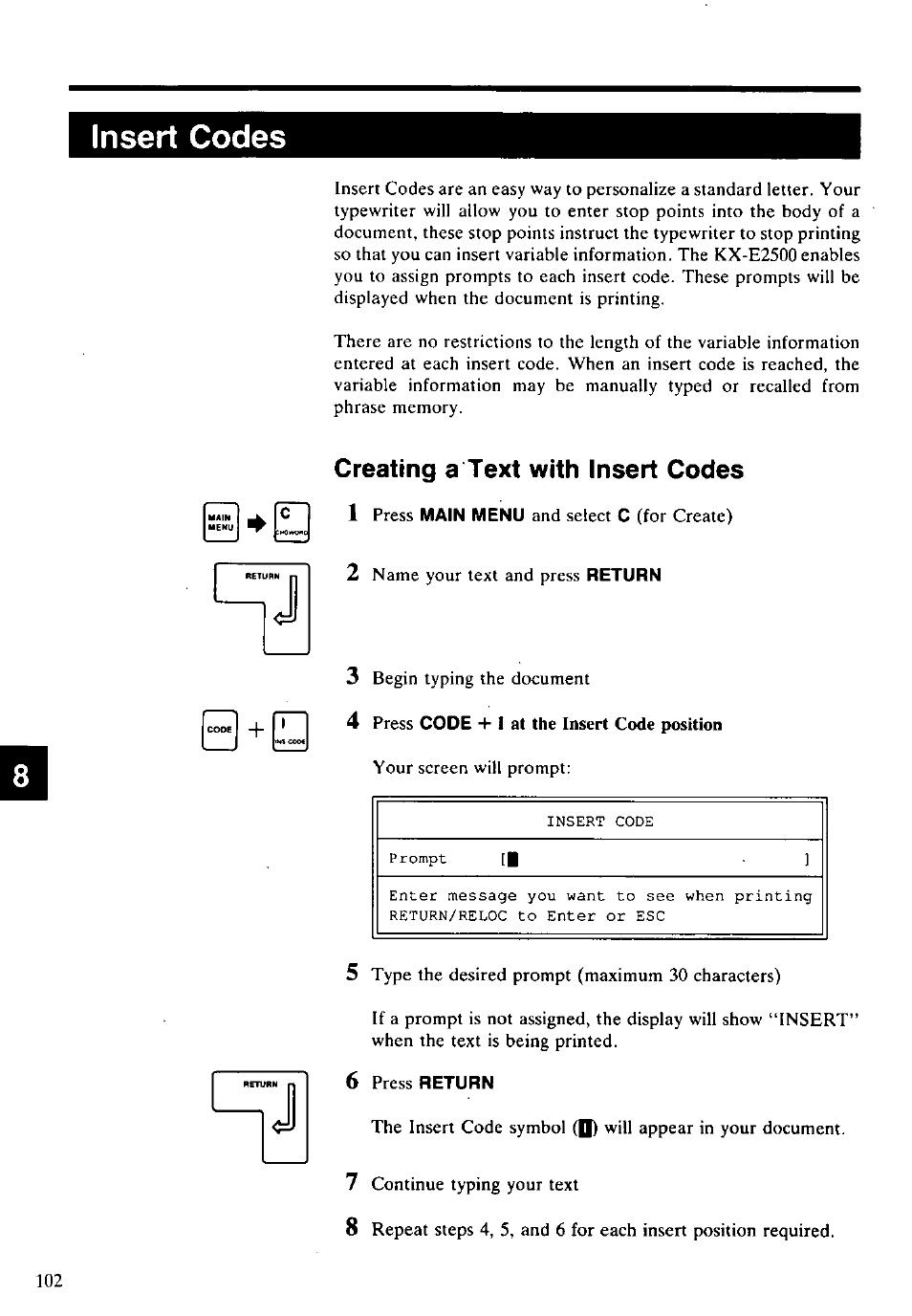 Insert codes, Creating a text with insert codes, 4 press code + i at the insert code position | Creating a text with insert codes 1 | Panasonic KX-E2500 User Manual | Page 112 / 252
