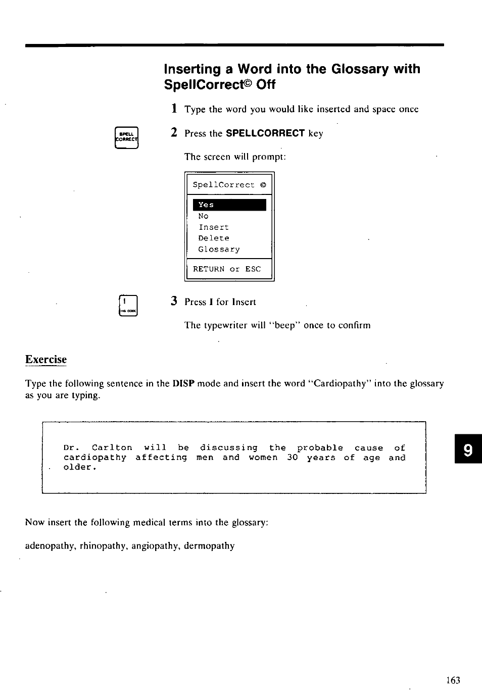 2 press the spellcorrect key, Exercise | Panasonic KX-E2500 User Manual | Page 173 / 252