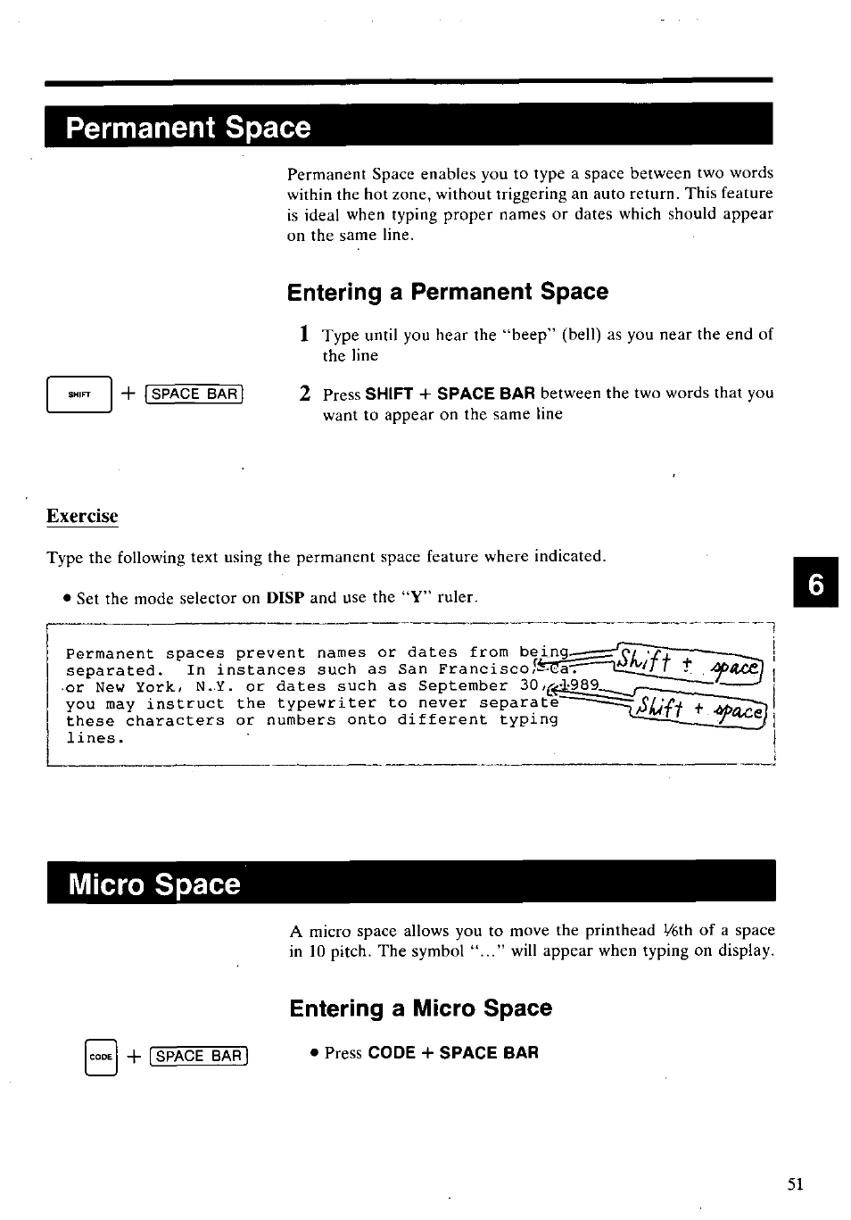 Permanent space, Entering a permanent space, Exercise | Micro space, Entering a micro space, Press code + space bar, Microspace, Entering a permanent space 1 | Panasonic KX-E2500 User Manual | Page 61 / 252