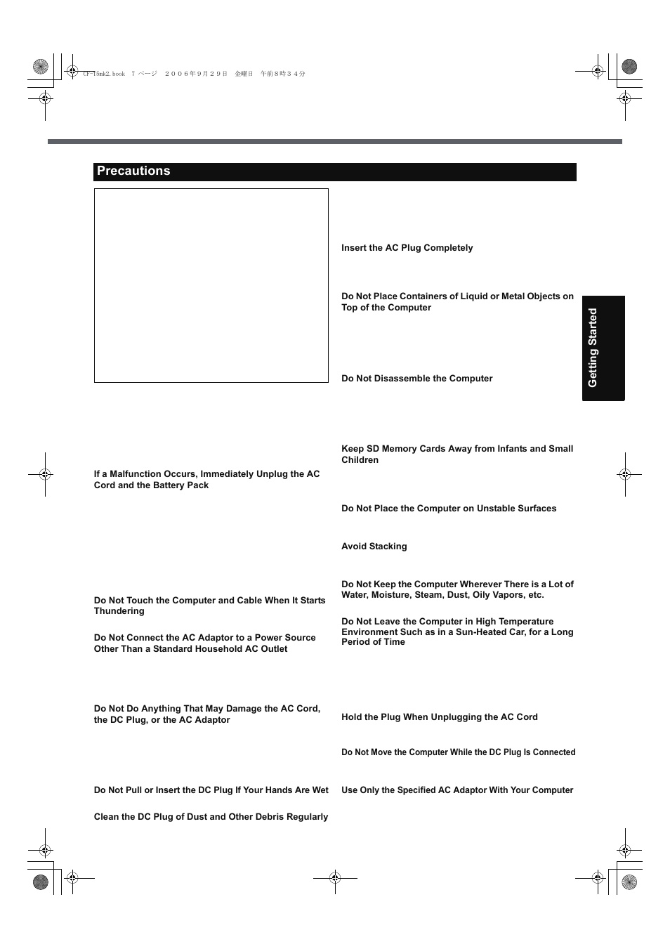Precautions | Panasonic CF-T5 Series User Manual | Page 7 / 40