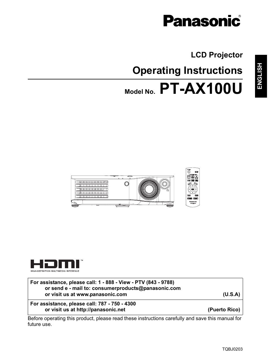 Panasonic PT-AX100U User Manual | 52 pages