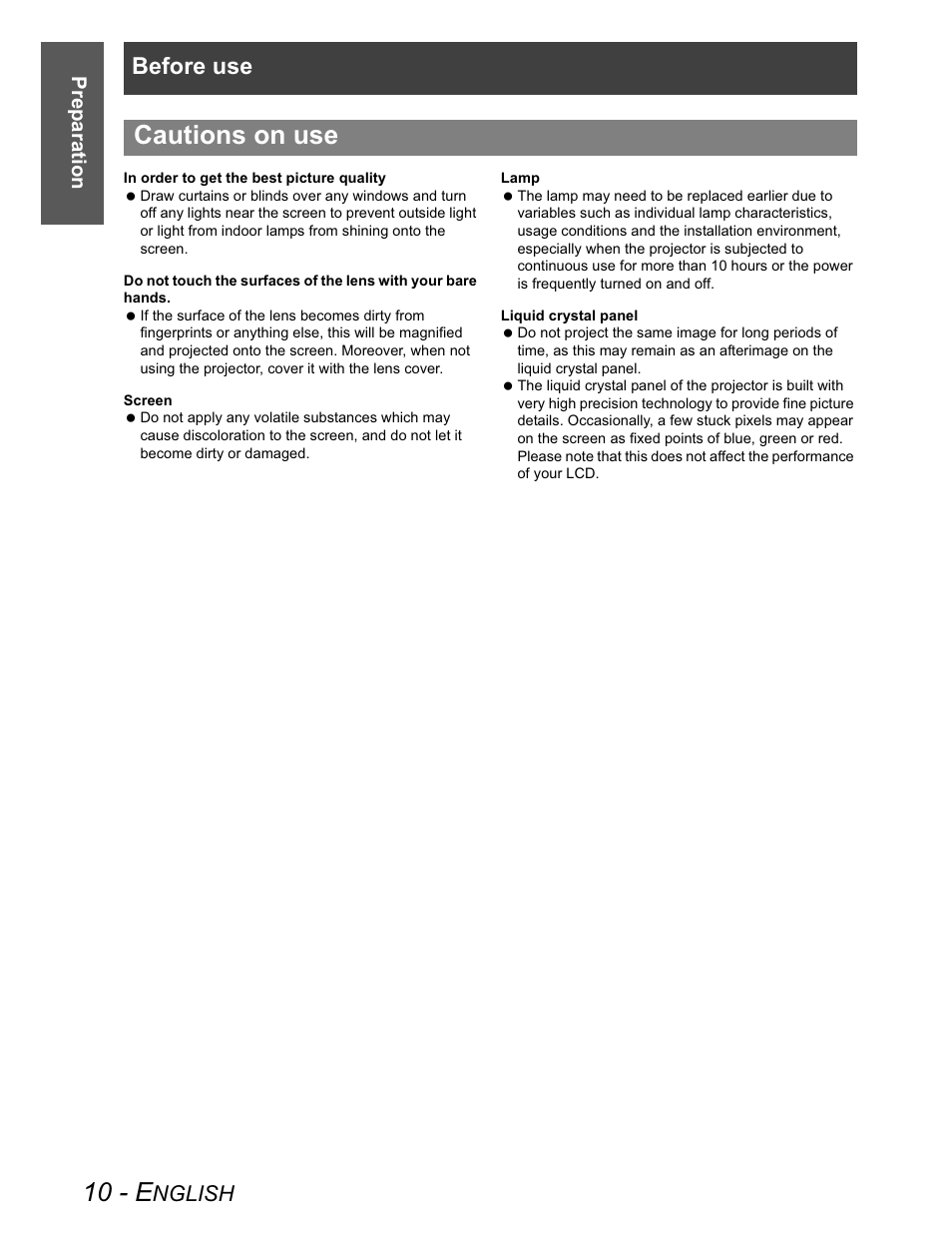 Cautions on use, 10 - e, Before use | Nglish | Panasonic PT-AX100U User Manual | Page 10 / 52
