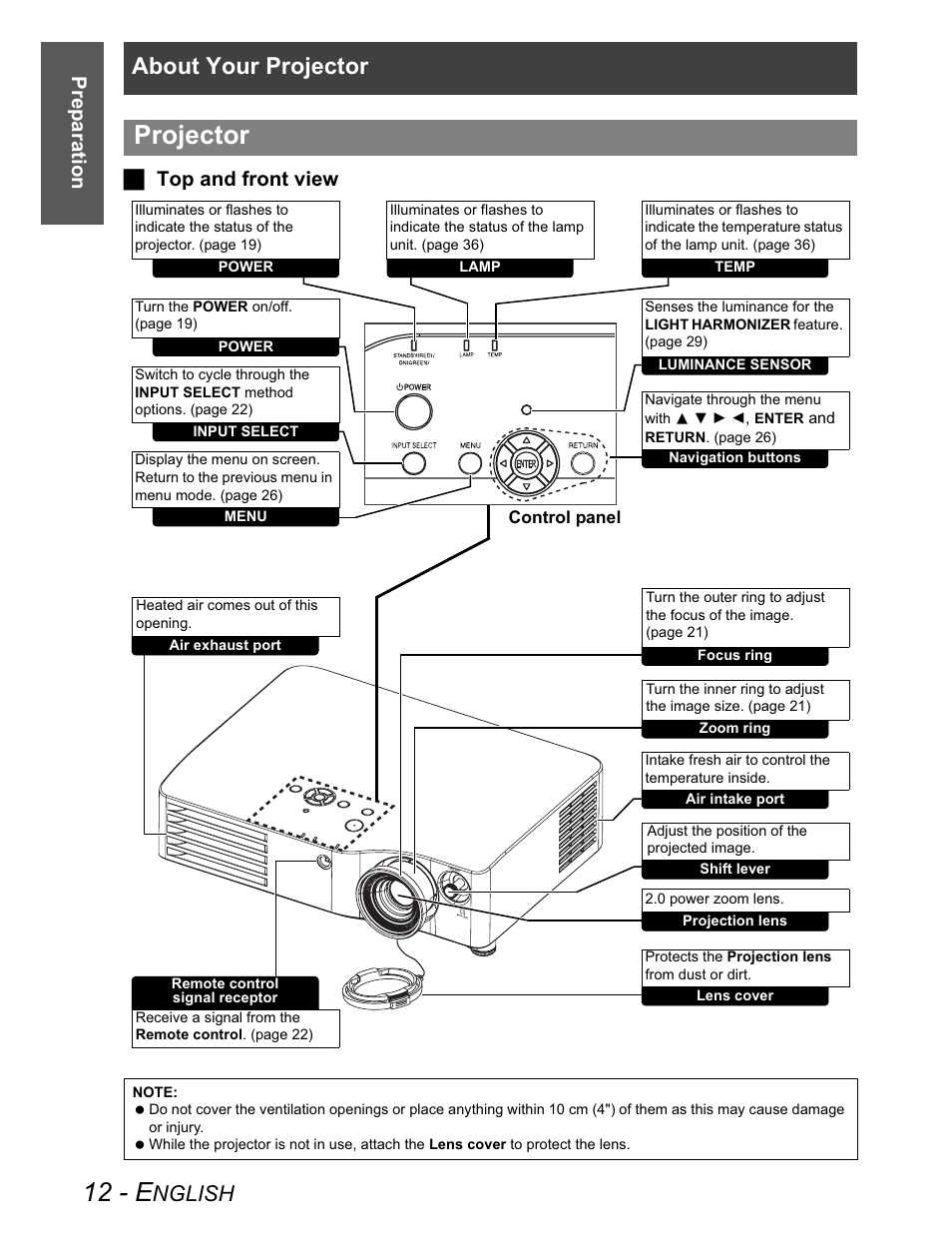 Projector, 12 - e, About your projector | Nglish, Preparation j top and front view | Panasonic PT-AX100U User Manual | Page 12 / 52
