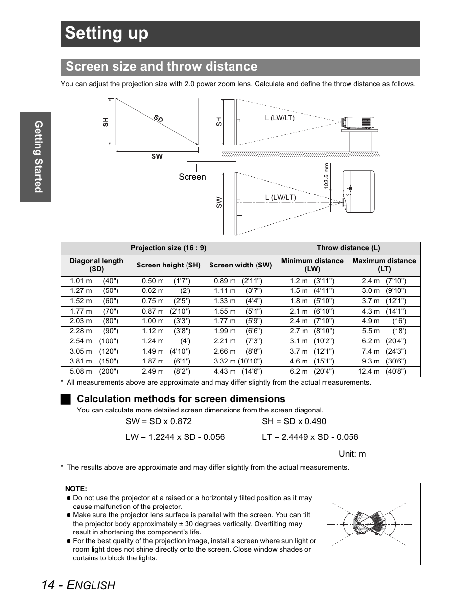 Setting up, Screen size and throw distance, 14 - e | Nglish, Getting started, J calculation methods for screen dimensions | Panasonic PT-AX100U User Manual | Page 14 / 52