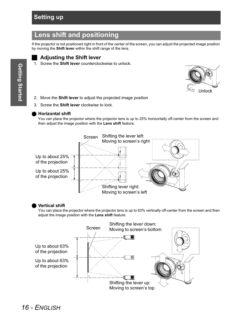 Lens shift and positioning, 16 - e, Setting up | Panasonic PT-AX100U User Manual | Page 16 / 52