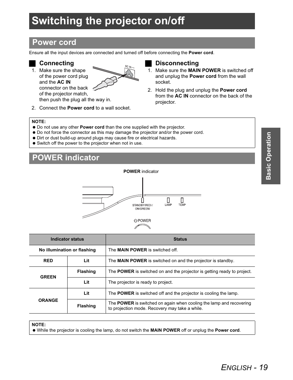 Switching the projector on/off, Power cord, Power indicator | Nglish | Panasonic PT-AX100U User Manual | Page 19 / 52